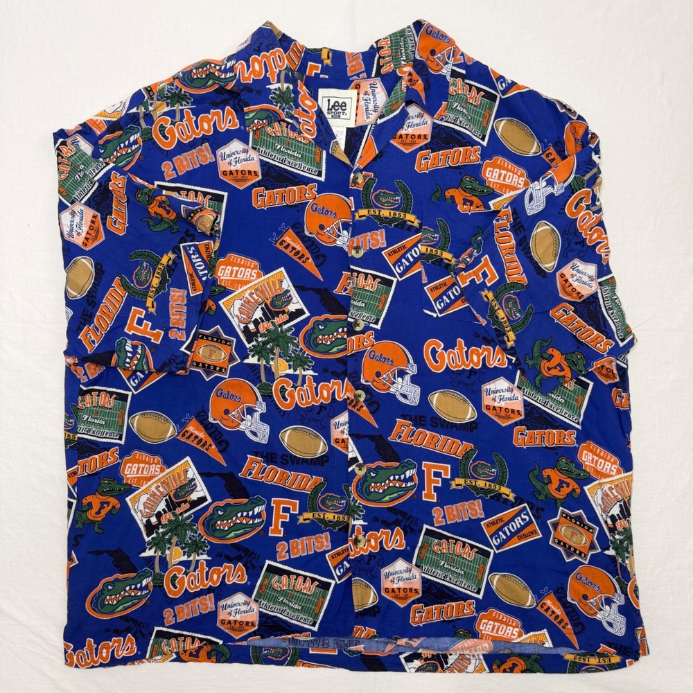 Florida Gators Lee Sport Hawaiian Shirt Mens 2XL Blue Rayon Button Up AOP NCAA